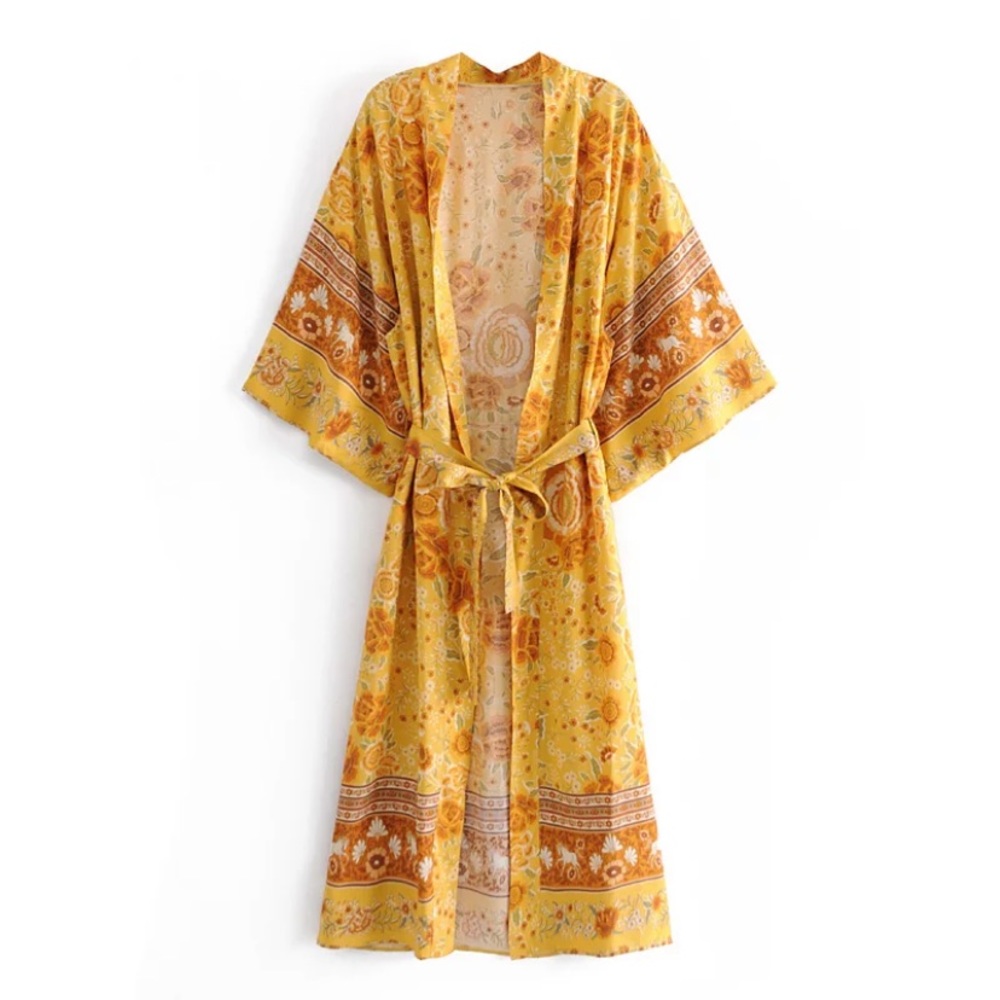 Golden Floral Retro Bohemian Gypsy Kimono Wrap